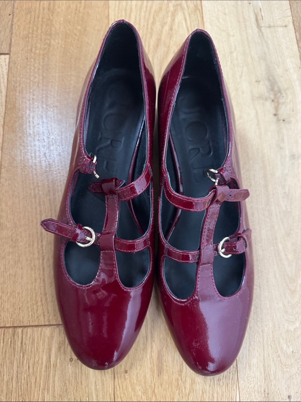 J. Crew Burgundy Patent Leather T-Strap Flats